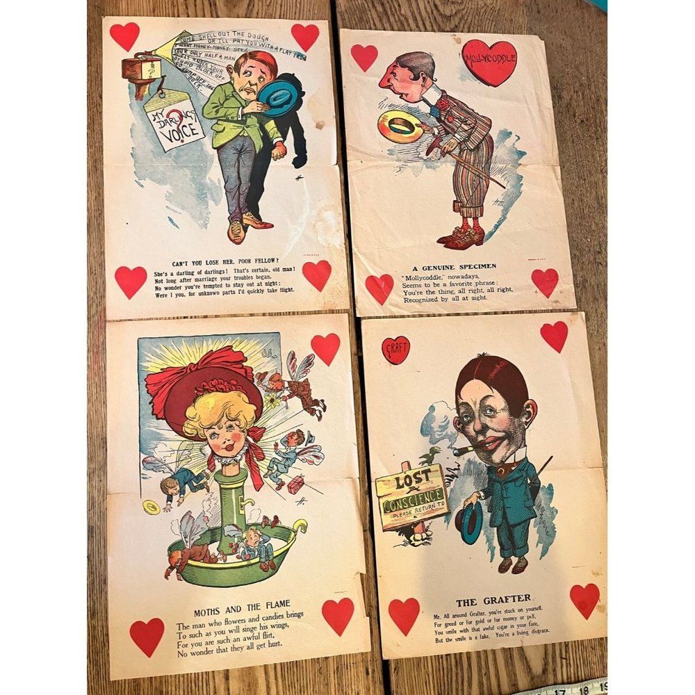 Antique vintage vinegar valentine lot of 4 penny dreadfuls.